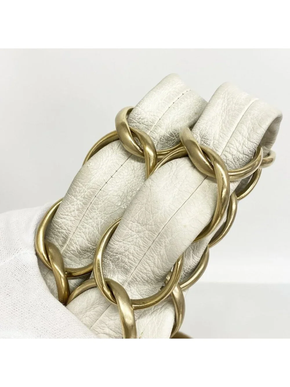 Chanel Chain Tote Canvas Beige White Gold